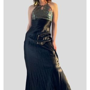 Y2K 90s Satin Black Holo Sequin Empire Waist Prom Evening Formal Gown dress 5/6